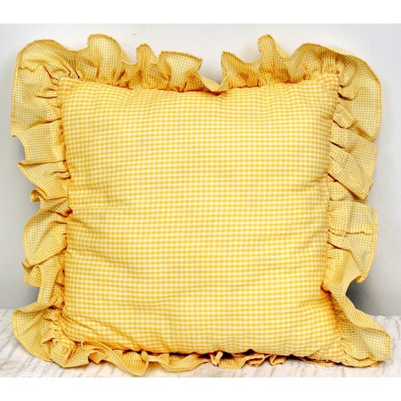 Vtg 70's 80's Hand Made Plaid Yellow Pillow Bear Face Brown Faux Fur Ruffle Trim - Picture 3 of 4